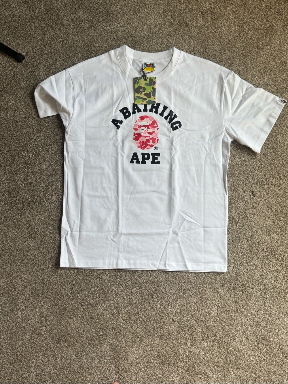 Bape White Tee with Pink Camo Ape Logo